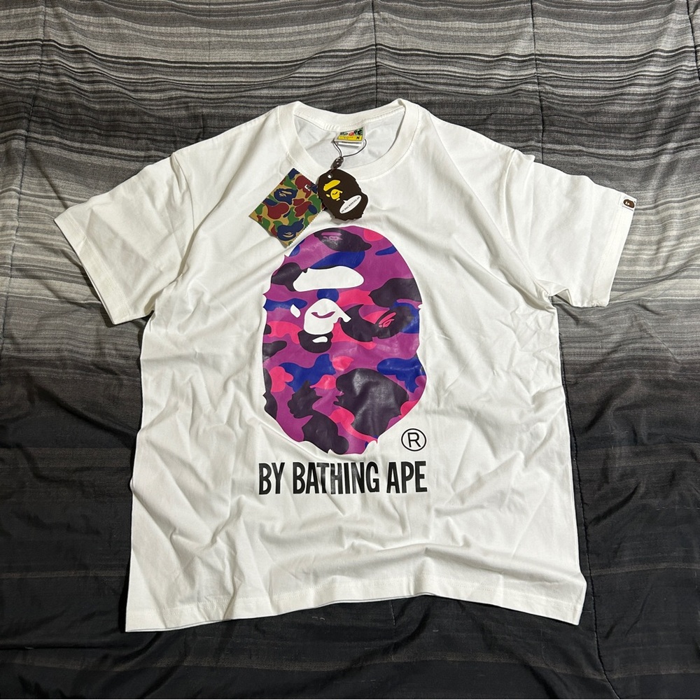 Bape White Tee with Purple and Pink Camo Logo